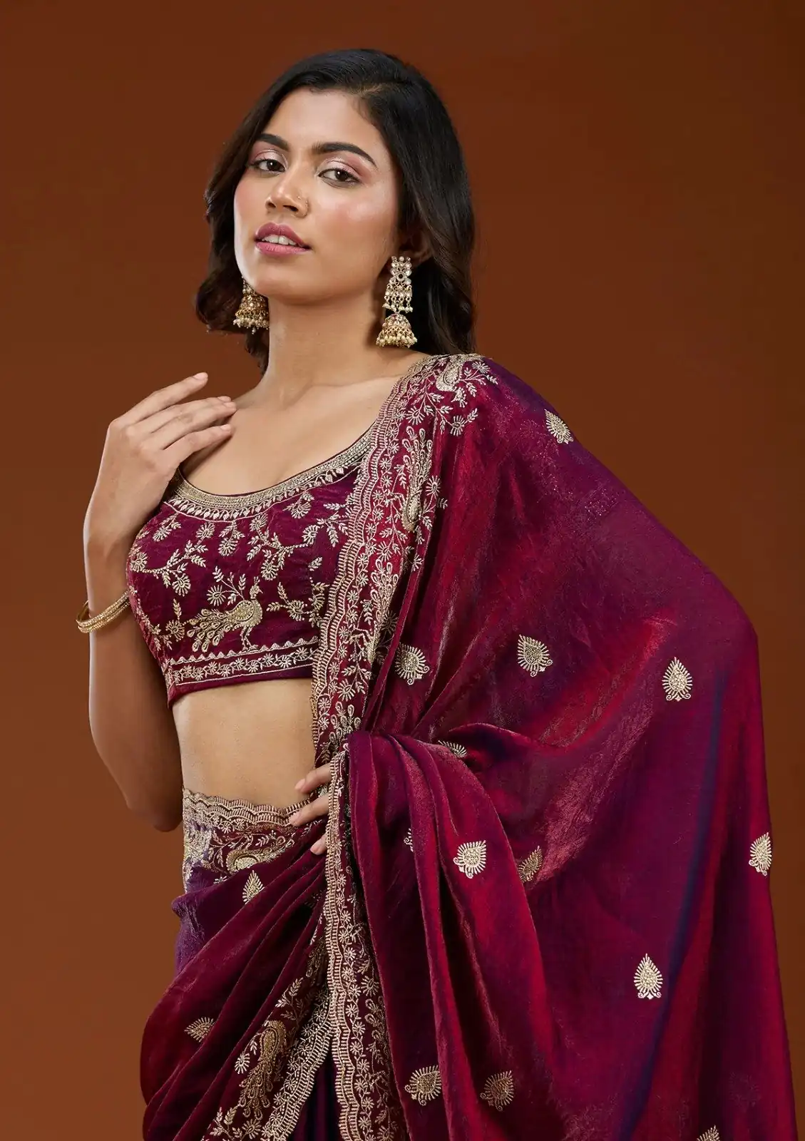 E BT 438 Maroon in Fandy Satin Silk mbroidery Work & Zari Work Saree. Special Price ₹1949. Delivery 4-6 Working Days. Shop now. | Designer Sarees, Embroidered Sarees, Sarees, Bollywood Sarees, Creative Sarees, Ethnic Saree, Modern Digital sarees, Party Wear Sarees