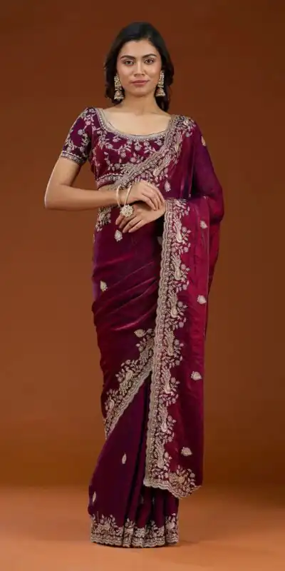 E BT 438 Maroon in Fandy Satin Silk mbroidery Work & Zari Work Saree. Special Price ₹1949. Delivery 4-6 Working Days. Shop now. | Designer Sarees, Embroidered Sarees, Sarees, Bollywood Sarees, Creative Sarees, Ethnic Saree, Modern Digital sarees, Party Wear Sarees
