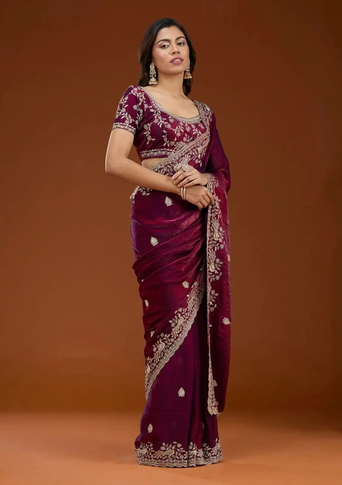 E BT 438 Maroon in Fandy Satin Silk mbroidery Work & Zari Work Saree. Special Price ₹1949. Delivery 4-6 Working Days. Shop now. | Designer Sarees, Embroidered Sarees, Sarees, Bollywood Sarees, Creative Sarees, Ethnic Saree, Modern Digital sarees, Party Wear Sarees