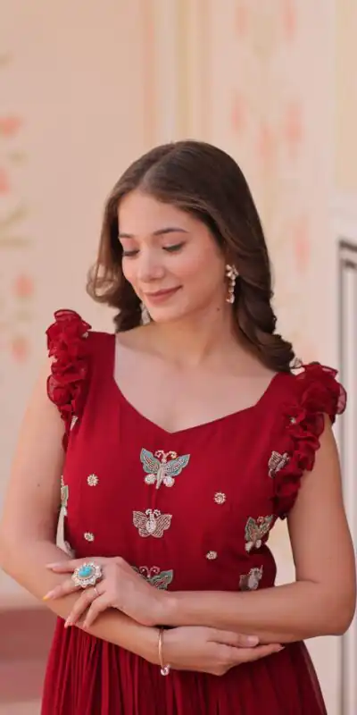 KA 1174 Maroon Faux Blooming Gown Perfect for Wedding, Party, Housewarming, Baby Shower, Raksha Bandhan – . Now at just ₹1699. Delivery 4-6 Working Dasy | Gowns, Bollywood Gowns, Creative Gowns, Designer Gowns, Embroidered Gowns, Party Wear Gowns