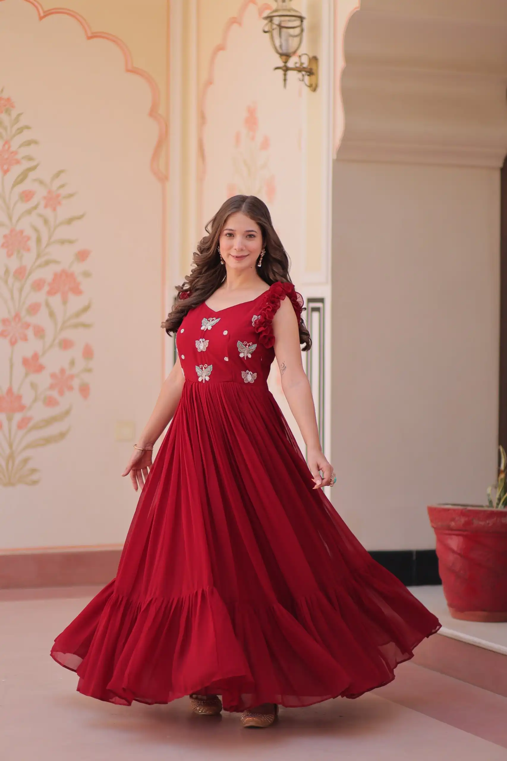 KA 1174 Maroon Faux Blooming Gown Perfect for Wedding, Party, Housewarming, Baby Shower, Raksha Bandhan – . Now at just ₹1699. Delivery 4-6 Working Dasy | Gowns, Bollywood Gowns, Creative Gowns, Designer Gowns, Embroidered Gowns, Party Wear Gowns