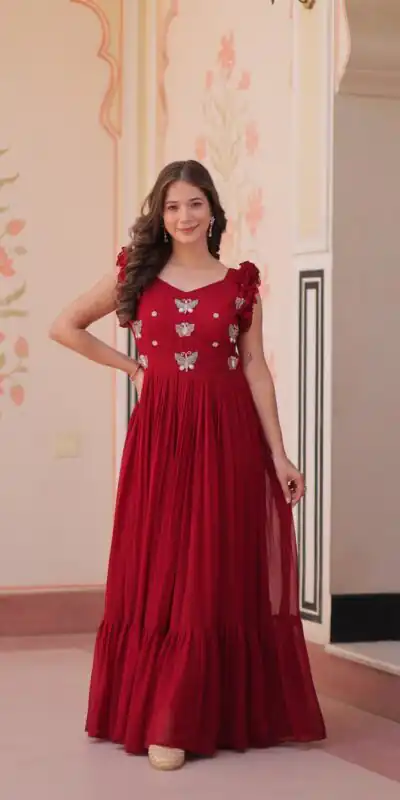 KA 1174 Maroon Faux Blooming Gown Perfect for Wedding, Party, Housewarming, Baby Shower, Raksha Bandhan – . Now at just ₹1699. Delivery 4-6 Working Dasy | Gowns, Bollywood Gowns, Creative Gowns, Designer Gowns, Embroidered Gowns, Party Wear Gowns