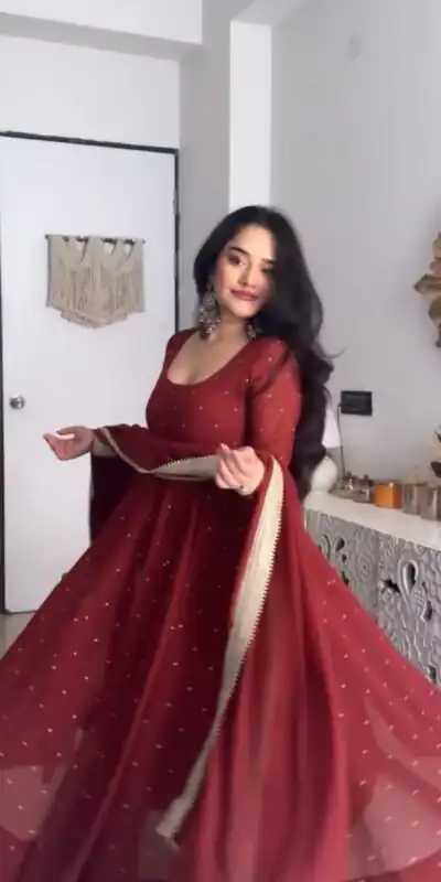 KD 1553 Maroon Faux Georgette Silk Gown with Lace Work. Wedding, Party, Festive, Events Special Price ₹2099. Delivery 4-6 Working Days. Shop now. | Gowns, Bollywood Gowns, Creative Gowns, Designer Gowns, Embroidered Gowns, Party Wear Gowns