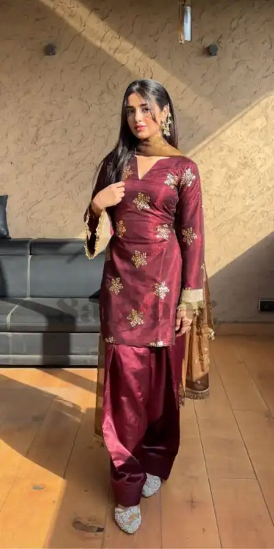 NSR 853 Maroon Natural Crep Silk Salwar Suit Perfect for Wedding, Party, Pongal, Baisakhi, Onam –. Grab it for ₹1749. Delivery 4-6 Working Days. | Palazzo Suits, Party Wear Suits, Patiala Suits, Straight Suits, Trendy Wear
