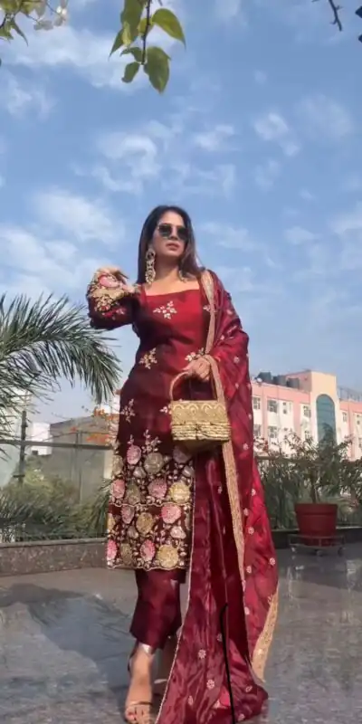 NSR 881 Maroon Organza Poly Silk Salwar Suit with Embroidery Work & Lace Work. Introductory Price ₹209. Delivery 4-6 Working Days. Shop now. | Jump Suits, Salwar suit, Casual Suits, Creative suits, Designer Suits, Palazzo Suits, Party Wear Suits, Patiala Suits, Straight Suits