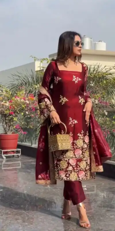 NSR 881 Maroon Organza Poly Silk Salwar Suit with Embroidery Work & Lace Work. Introductory Price ₹209. Delivery 4-6 Working Days. Shop now. | Jump Suits, Salwar suit, Casual Suits, Creative suits, Designer Suits, Palazzo Suits, Party Wear Suits, Patiala Suits, Straight Suits