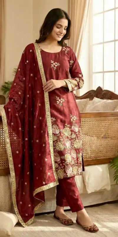 Maroon Organza Poly Silk Embroidery Work Salwar Suit
