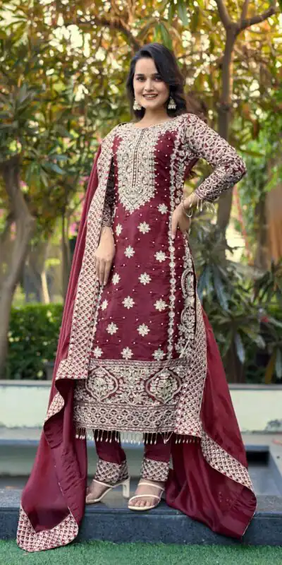 SR 1698 Maroon in Color Organza Silk Embroidery Work Salwar Suit . Festive Deal ₹2499. Delivery 4-6 Working Days. Shop now. | Jump Suits, Tops & Bottoms, Track Suits, Salwar suit, Casual Suits, Creative suits, Designer Suits, Palazzo Suits, Party Wear Suits, Patiala Suits, Straight Suits, Trendy Wear