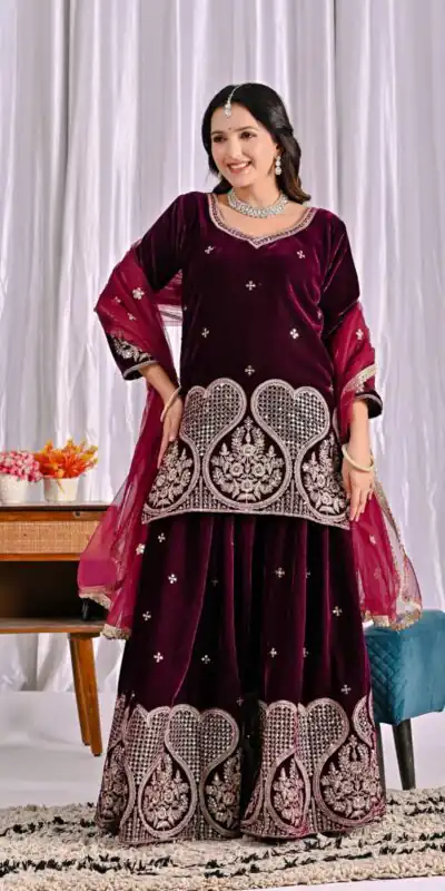 ND 5054 Maroon Embroidery Work Salwar Suit in Maroon Viscous Velvet. Available at ₹2449 only. Delivery 4-6 Working Days. Shop now. | Jump Suits, Tops & Bottoms, Track Suits, Salwar suit, Casual Suits, Creative suits, Designer Suits, Palazzo Suits, Party Wear Suits, Patiala Suits, Straight Suits, Trendy Wear