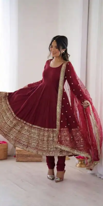 ZSR 3154 Maroon Roman Silk Gown with Embroidery Work & Lace Work. Grab it for ₹2449. Delivery 4-6 Working Days. Shop now. | Gowns, Bollywood Gowns, Creative Gowns, Designer Gowns, Embroidered Gowns, Party Wear Gowns