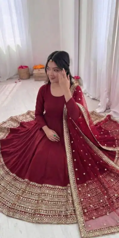ZSR 3154 Maroon Roman Silk Gown with Embroidery Work & Lace Work. Grab it for ₹2449. Delivery 4-6 Working Days. Shop now. | Gowns, Bollywood Gowns, Creative Gowns, Designer Gowns, Embroidered Gowns, Party Wear Gowns