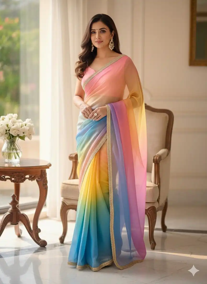 BT 416 Multi Organza Saree with Embroidery Work & Digital Print. Special Price ₹1599. Delivery 4-6 Working Days. Shop now. | Sarees, Bollywood Sarees, Creative Sarees, Designer Sarees, Embroidered Sarees, Ethnic Saree, Modern Digital sarees, Party Wear Sarees