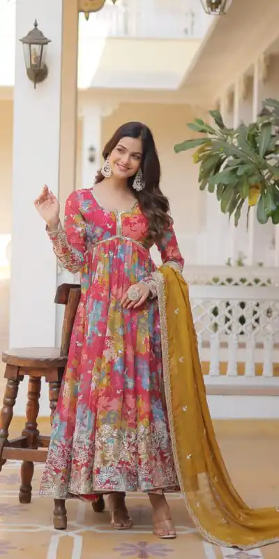 KA 1076 Mustered Russian Silk Gown Perfect for Wedding, Party, Ethnic Day, Haldi, Traditional Day – . Special Price ₹1499. Delivery 4-6 Working Day | Gowns, Bollywood Gowns, Creative Gowns, Designer Gowns, Embroidered Gowns, Party Wear Gowns