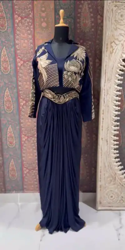 BE 372 Navy Blue French Crape Dhoti Suit Perfect for Wedding, Party, Ganesh Chaturthi, Durga Puja, Housewarming – . Available at ₹1899 only. Deliv | Jump Suits, Salwar suit, Casual Suits, Creative suits, Designer Suits, Palazzo Suits, Party Wear Suits, Patiala Suits, Straight Suits