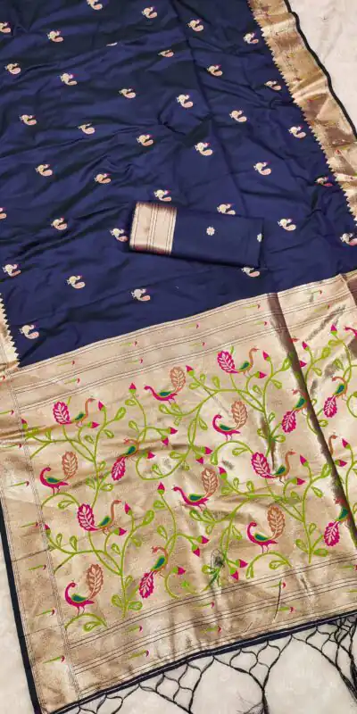 MB 389 Navy Blue Soft Paithani Silk Saree with Lace Work & Zari Work. Affordable Price ₹2049. Delivery 4-6 Working Days. Shop now. | Designer Sarees, Embroidered Sarees, Sarees, Bollywood Sarees, Creative Sarees, Ethnic Saree, Modern Digital sarees, Party Wear Sarees