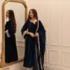 Navy Blue Viscous Velvet Embroidery Work Gown