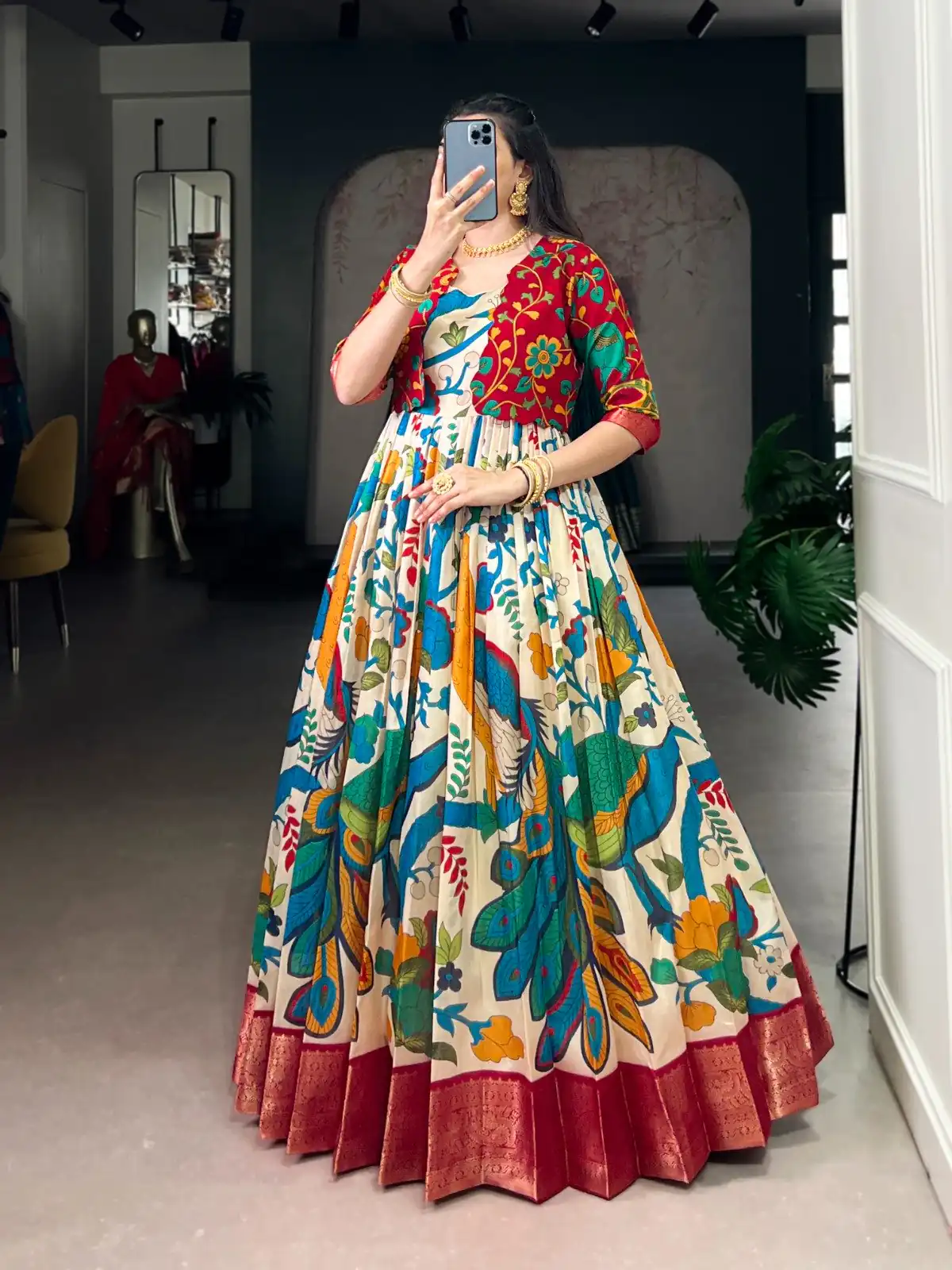 YNF 5035 Off White in Taser Silk Zari Work & Kalamkari Print Gown . Available at ₹1799 only. Delivery 4-6 Working Days. Shop now. | Gowns, Bollywood Gowns, Creative Gowns, Designer Gowns, Embroidered Gowns, Party Wear Gowns
