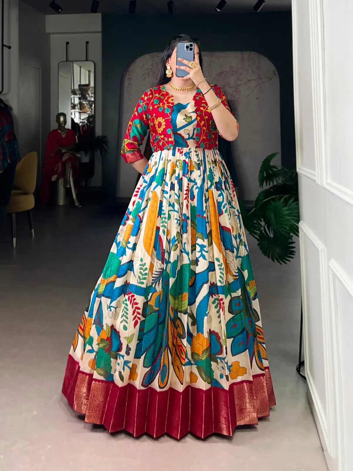 YNF 5035 Off White in Taser Silk Zari Work & Kalamkari Print Gown . Available at ₹1799 only. Delivery 4-6 Working Days. Shop now. | Gowns, Bollywood Gowns, Creative Gowns, Designer Gowns, Embroidered Gowns, Party Wear Gowns