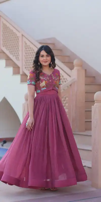 KA 1170 Onion Color Silver Crunchy Gown with Embroidery Work. Introductory Price ₹1799. Delivery 4-6 Working Days. Shop now. | Gowns, Bollywood Gowns, Creative Gowns, Designer Gowns, Embroidered Gowns, Party Wear Gowns