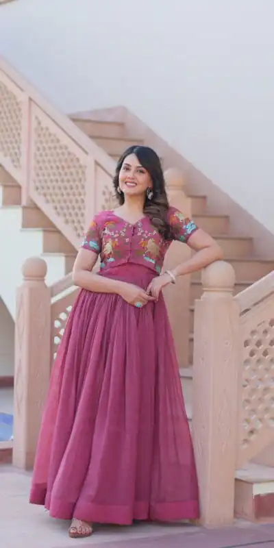 KA 1170 Onion Color Silver Crunchy Gown with Embroidery Work. Introductory Price ₹1799. Delivery 4-6 Working Days. Shop now. | Gowns, Bollywood Gowns, Creative Gowns, Designer Gowns, Embroidered Gowns, Party Wear Gowns