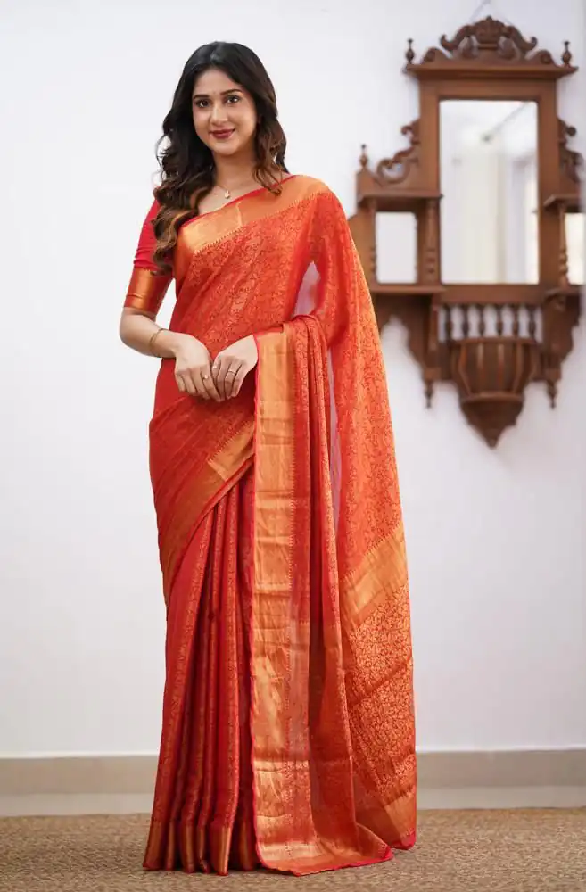KPR 168 Orange in Soft Lichi Silk Lace Border & Lace Work Saree . Available at ₹1299 only. Delivery 4-6 Working Days. Shop now. | Sarees, Bollywood Sarees, Creative Sarees, Designer Sarees, Embroidered Sarees, Ethnic Saree, Modern Digital sarees, Party Wear Sarees