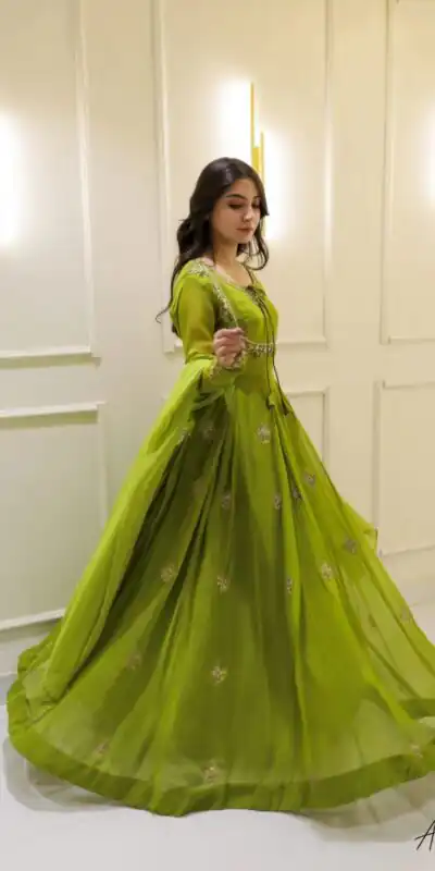 LG 2047 Parrot Green in Color Georgette Embroidery Work Gown . Wedding, Party, Festive, Events Grab it for ₹1949. Delivery 4-6 Working Days. Shop now. | Gowns, Bollywood Gowns, Creative Gowns, Designer Gowns, Embroidered Gowns, Party Wear Gowns