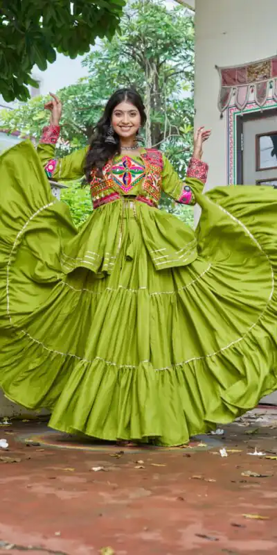 Ram 120 Parrot Green in Pure Cotton Mirror Work & Gamthi Work Lehenga Choli . Exclusive Offer ₹3049. Delivery 4-6 Working Days. Shop now. | Lehenga, Bollywood Lehenga, Creative Lehenga, Designer Lehenga, Embroidered Lehenga, Party Wear Lehenga