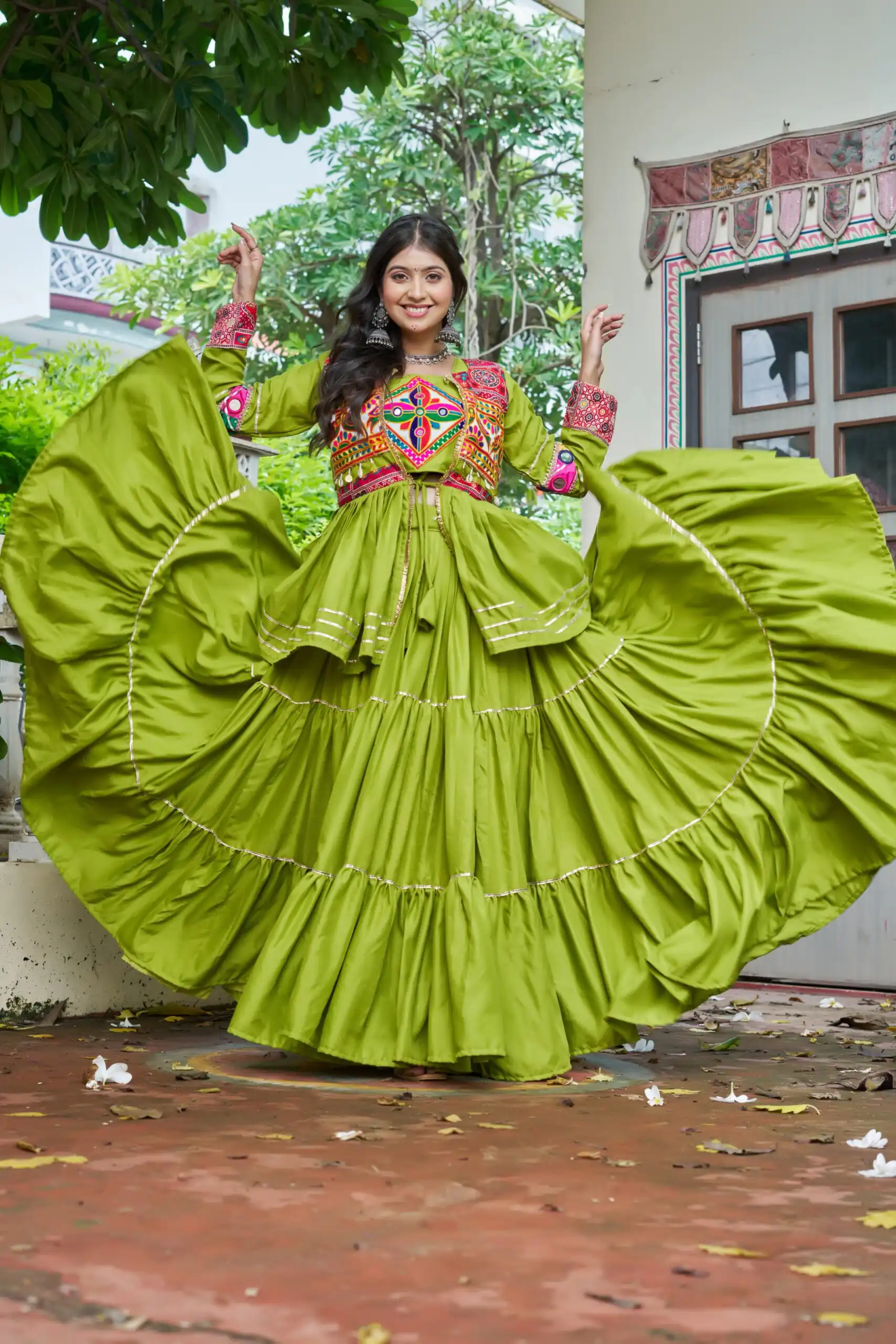 Ram 120 Parrot Green in Pure Cotton Mirror Work & Gamthi Work Lehenga Choli . Exclusive Offer ₹3049. Delivery 4-6 Working Days. Shop now. | Lehenga, Bollywood Lehenga, Creative Lehenga, Designer Lehenga, Embroidered Lehenga, Party Wear Lehenga