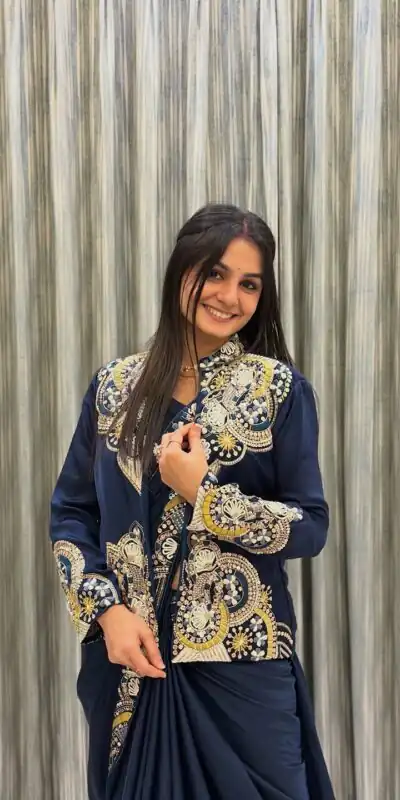 BE 433 Peacock Blue Color French Crape Saree with Embroidery Work. Best Price ₹2099. Delivery 4-6 Working Days. Shop now. | Designer Sarees, Sarees, Bollywood Sarees, Creative Sarees, Embroidered Sarees, Ethnic Saree, Modern Digital sarees, Party Wear Sarees