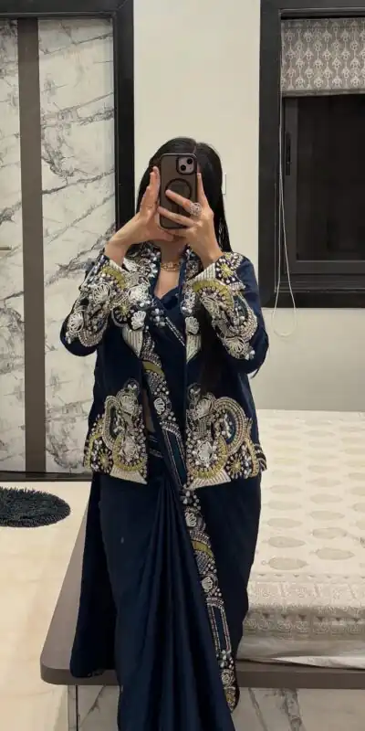 BE 433 Peacock Blue Color French Crape Saree with Embroidery Work. Best Price ₹2099. Delivery 4-6 Working Days. Shop now. | Designer Sarees, Sarees, Bollywood Sarees, Creative Sarees, Embroidered Sarees, Ethnic Saree, Modern Digital sarees, Party Wear Sarees