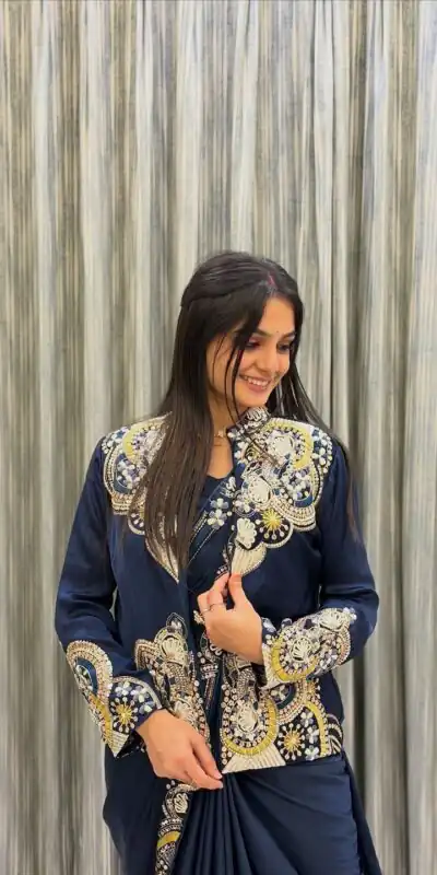 BE 433 Peacock Blue Color French Crape Saree with Embroidery Work. Best Price ₹2099. Delivery 4-6 Working Days. Shop now. | Designer Sarees, Sarees, Bollywood Sarees, Creative Sarees, Embroidered Sarees, Ethnic Saree, Modern Digital sarees, Party Wear Sarees