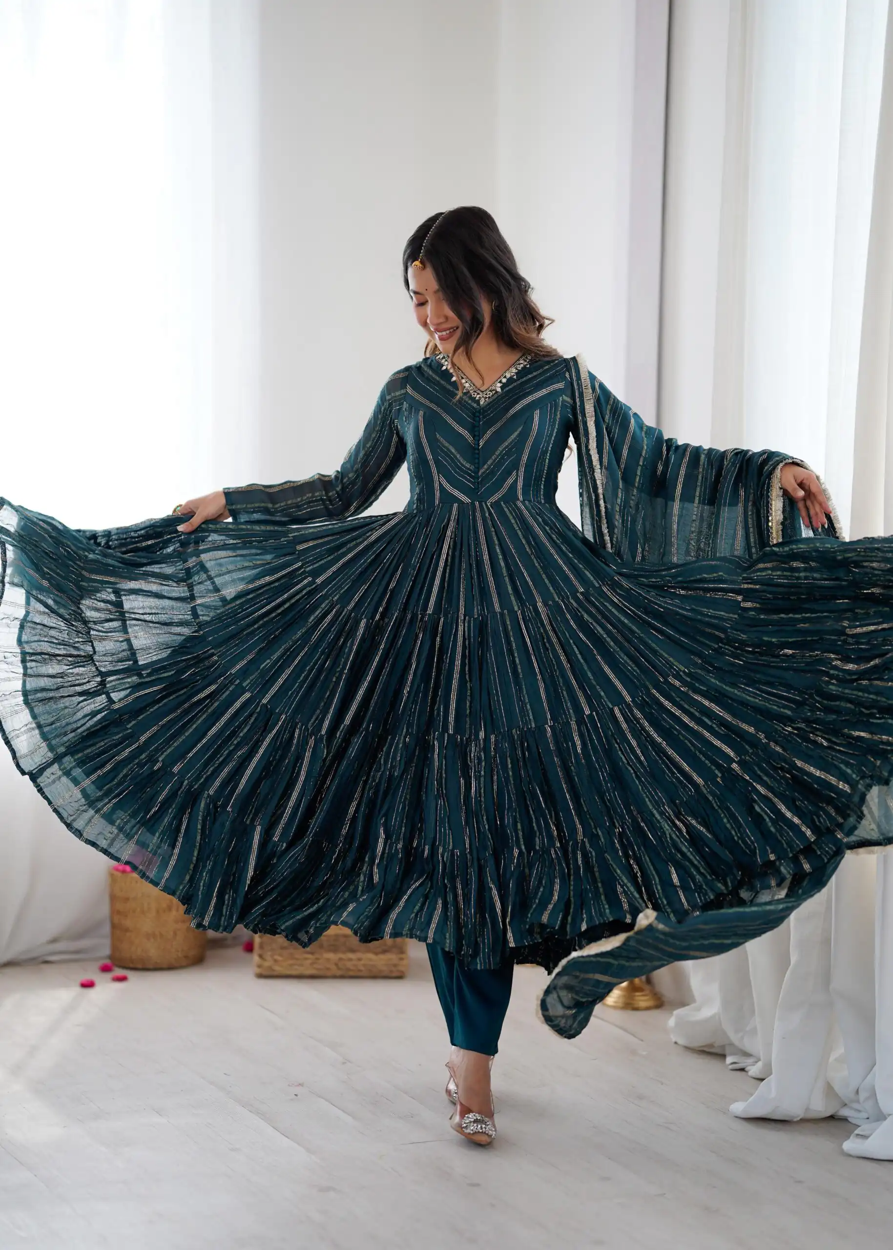 SRK 5305 Peacock Blue Color Mal Chanderi Gown with Mirror Work & Lace Work. Grab it for ₹2399. Delivery 4-6 Working Days. Shop now. | Gowns, Bollywood Gowns, Creative Gowns, Designer Gowns, Embroidered Gowns, Party Wear Gowns