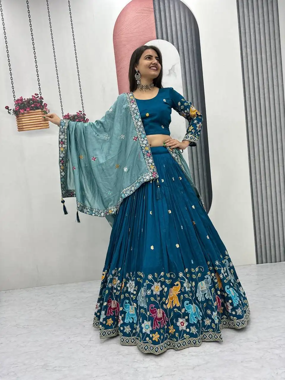 PC 545 Peacock Blue Vichitra Silk Lehenga Choli with Lace Border & Lace Work. Special Price ₹3249. Delivery 4-6 Working Days. Shop now. | Lehenga, Bollywood Lehenga, Creative Lehenga, Designer Lehenga, Embroidered Lehenga, Party Wear Lehenga