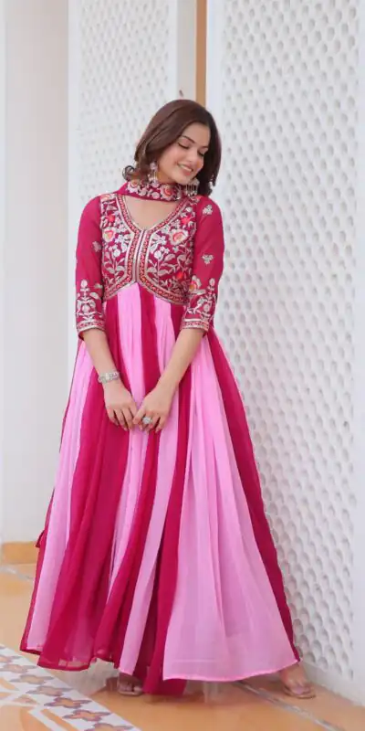 Ram 079 Pink Fox Georgette Gown Perfect for Wedding, Party, Eid, Temple Visit, Pongal – . Best Price ₹2049. Delivery 4-6 Working Days. Shop now. | Gowns, Bollywood Gowns, Creative Gowns, Designer Gowns, Embroidered Gowns, Party Wear Gowns