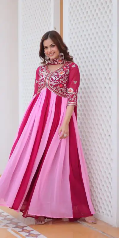 Ram 079 Pink Fox Georgette Gown Perfect for Wedding, Party, Eid, Temple Visit, Pongal – . Best Price ₹2049. Delivery 4-6 Working Days. Shop now. | Gowns, Bollywood Gowns, Creative Gowns, Designer Gowns, Embroidered Gowns, Party Wear Gowns