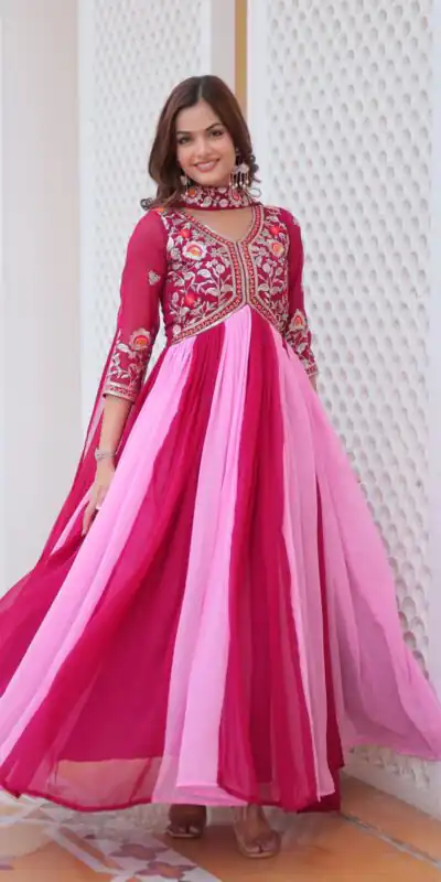 Ram 079 Pink Fox Georgette Gown Perfect for Wedding, Party, Eid, Temple Visit, Pongal – . Best Price ₹2049. Delivery 4-6 Working Days. Shop now. | Gowns, Bollywood Gowns, Creative Gowns, Designer Gowns, Embroidered Gowns, Party Wear Gowns
