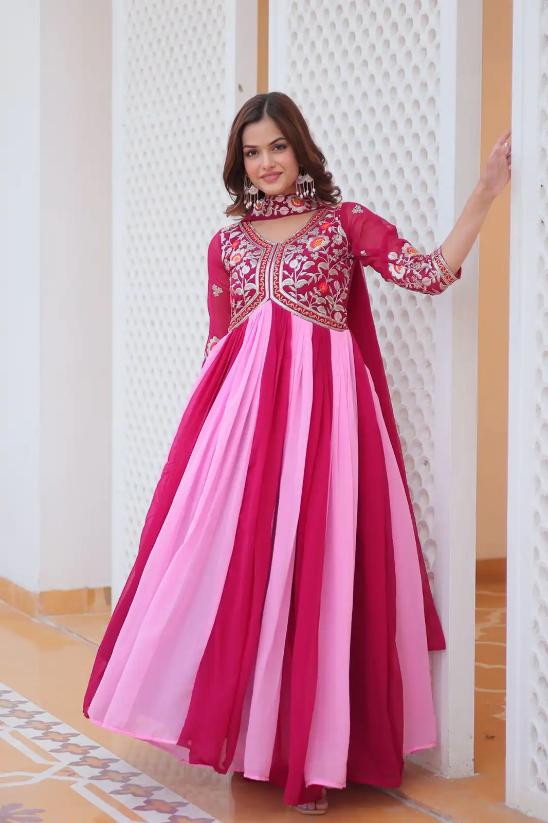 Ram 079 Pink Fox Georgette Gown Perfect for Wedding, Party, Eid, Temple Visit, Pongal – . Best Price ₹2049. Delivery 4-6 Working Days. Shop now. | Gowns, Bollywood Gowns, Creative Gowns, Designer Gowns, Embroidered Gowns, Party Wear Gowns