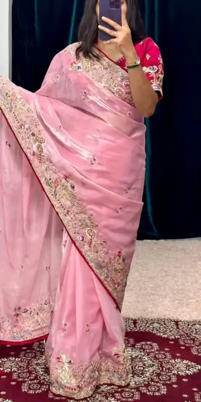 SC 1008 Pink Organza Silk Saree Perfect for Wedding, Party, Eid, Makar Sankranti, Anniversary –. Affordable Price ₹2399. Delivery 4-6 Working Days. | Designer Sarees, Sarees, Bollywood Sarees, Creative Sarees, Embroidered Sarees, Ethnic Saree, Modern Digital sarees, Party Wear Sarees