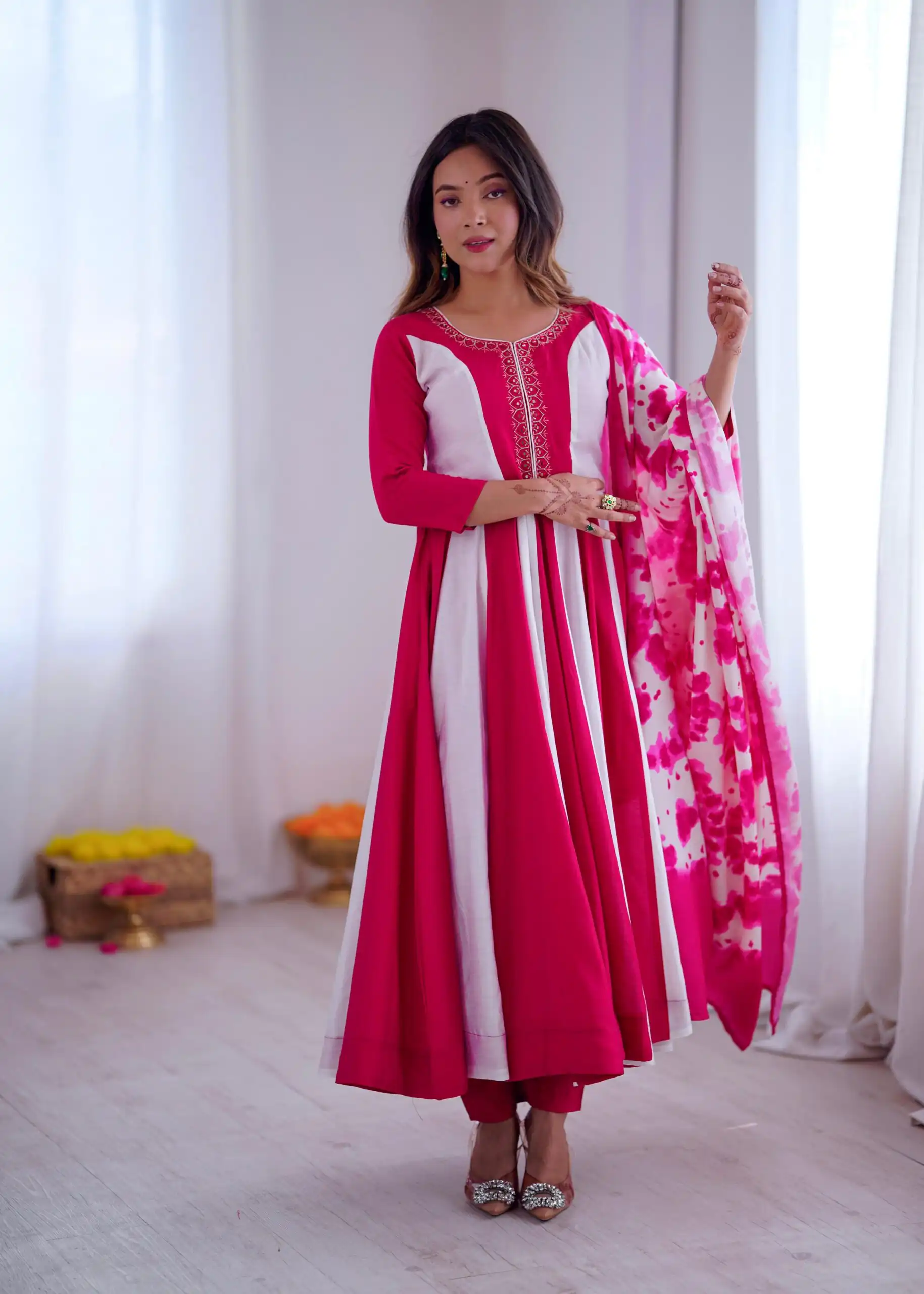 ZF 5014 Pink Roman Silk Gown with Embroidery Work & Digital Print . Exclusive Offer ₹2149. Delivery 4-6 Working Days. Shop now. | Gowns, Bollywood Gowns, Creative Gowns, Designer Gowns, Embroidered Gowns, Party Wear Gowns