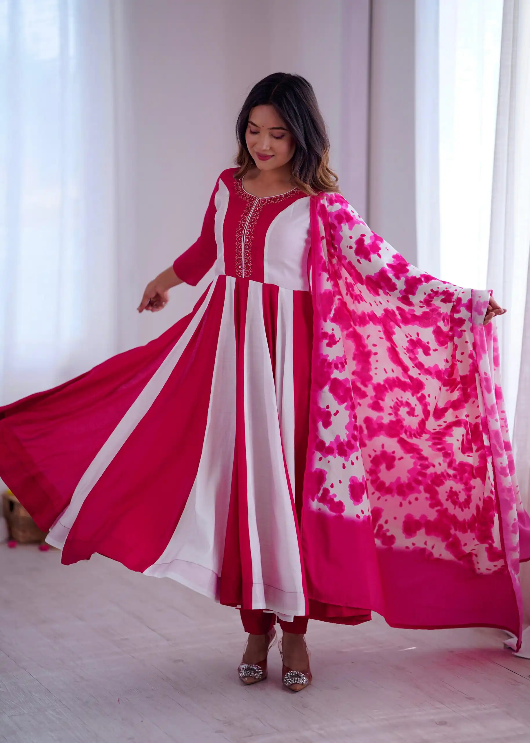 ZF 5014 Pink Roman Silk Gown with Embroidery Work & Digital Print . Exclusive Offer ₹2149. Delivery 4-6 Working Days. Shop now. | Gowns, Bollywood Gowns, Creative Gowns, Designer Gowns, Embroidered Gowns, Party Wear Gowns