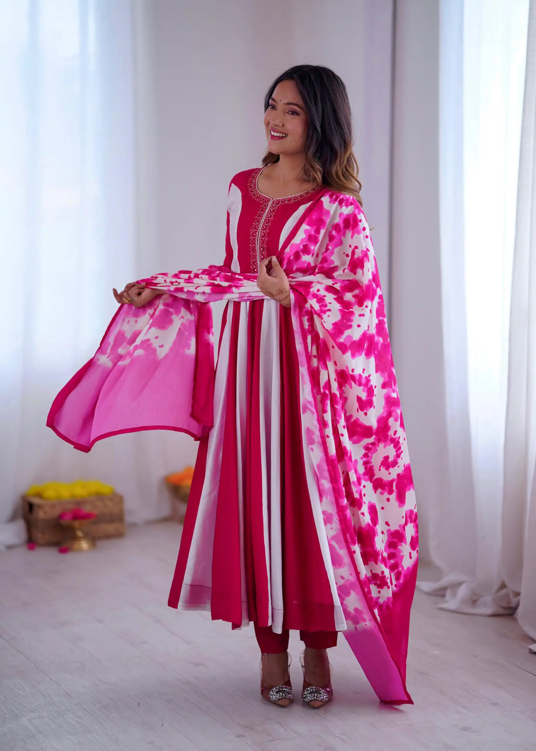 ZF 5014 Pink Roman Silk Gown with Embroidery Work & Digital Print . Exclusive Offer ₹2149. Delivery 4-6 Working Days. Shop now. | Gowns, Bollywood Gowns, Creative Gowns, Designer Gowns, Embroidered Gowns, Party Wear Gowns