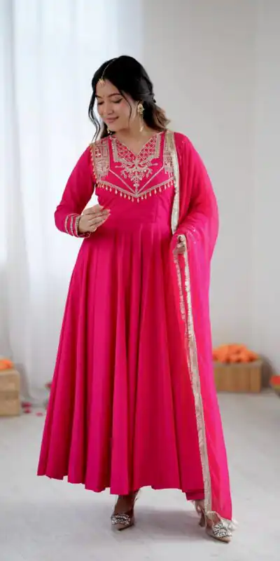 ZSR 3149 Pink Roman silk Gown Perfect for Wedding, Party, Sangeet, Haldi, Lohri – . Introductory Price ₹2099. Delivery 4-6 Working Days. Shop now. | Gowns, Bollywood Gowns, Creative Gowns, Designer Gowns, Embroidered Gowns, Party Wear Gowns