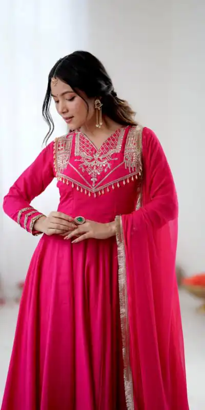 ZSR 3149 Pink Roman silk Gown Perfect for Wedding, Party, Sangeet, Haldi, Lohri – . Introductory Price ₹2099. Delivery 4-6 Working Days. Shop now. | Gowns, Bollywood Gowns, Creative Gowns, Designer Gowns, Embroidered Gowns, Party Wear Gowns