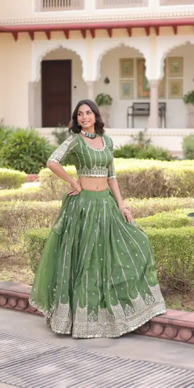 KA 5056 Pista Gold Crush Lehenga Choli with Embroidery Work & Zari Work. Best Price ₹2599. Delivery 4-6 Working Days. Shop now. | Lehenga, Bollywood Lehenga, Creative Lehenga, Designer Lehenga, Embroidered Lehenga, Party Wear Lehenga