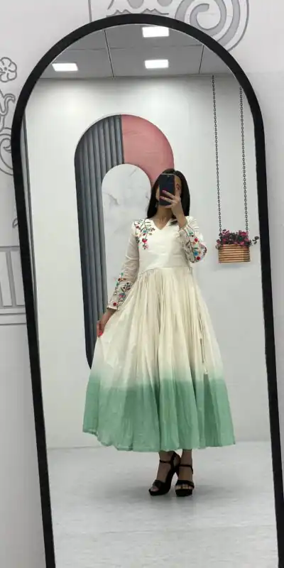 PC 526 Pista Soft Cotton Gown with Embroidery Work. Wedding, Party, Festive, Events, Best Price ₹1749. Delivery 4-6 Working Days. Shop now. | Gowns, Bollywood Gowns, Creative Gowns, Designer Gowns, Embroidered Gowns, Party Wear Gowns