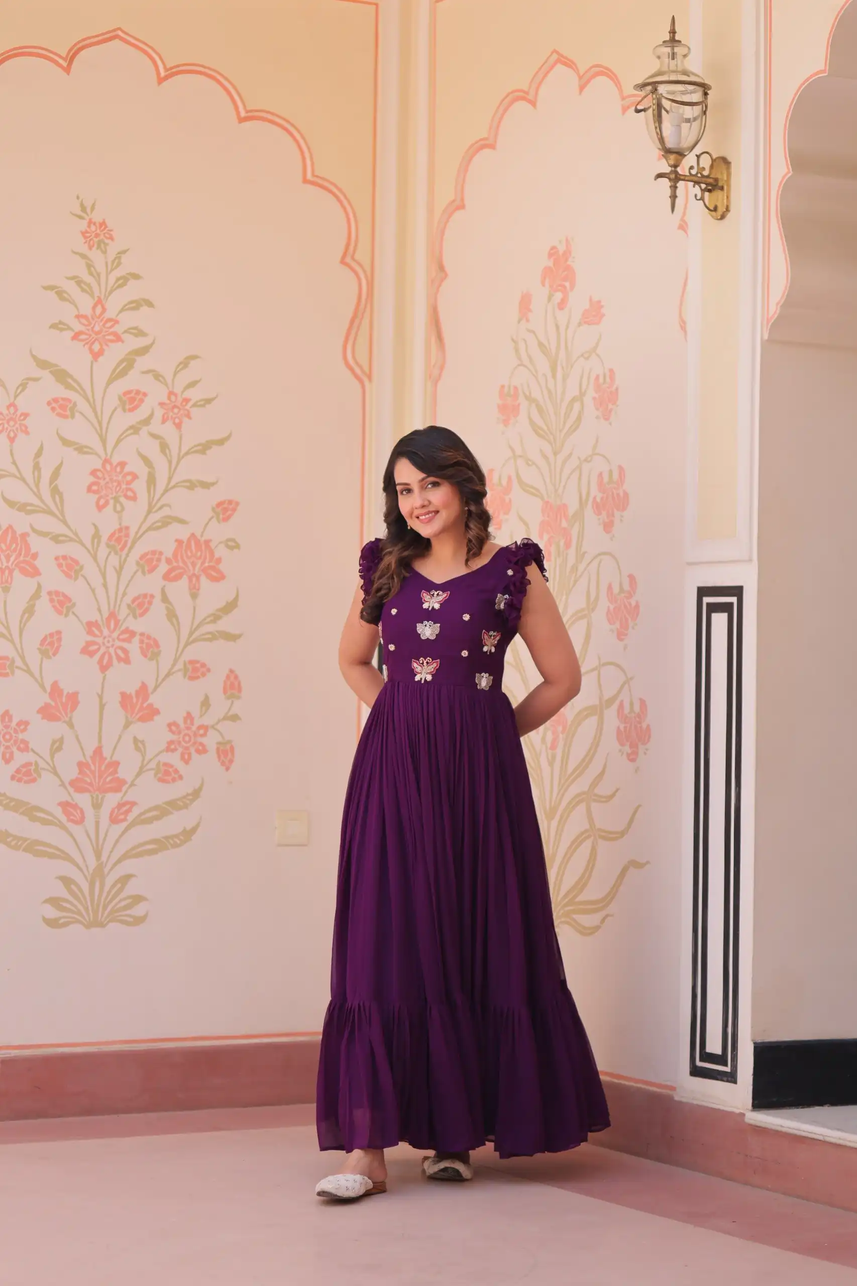 KA 1174 Purple Faux Blooming Gown Perfect for Wedding, Party, Housewarming, Baby Shower, Raksha Bandhan – . Now at just ₹1699. Delivery 4-6 Working Dasy | Gowns, Bollywood Gowns, Creative Gowns, Designer Gowns, Embroidered Gowns, Party Wear Gowns
