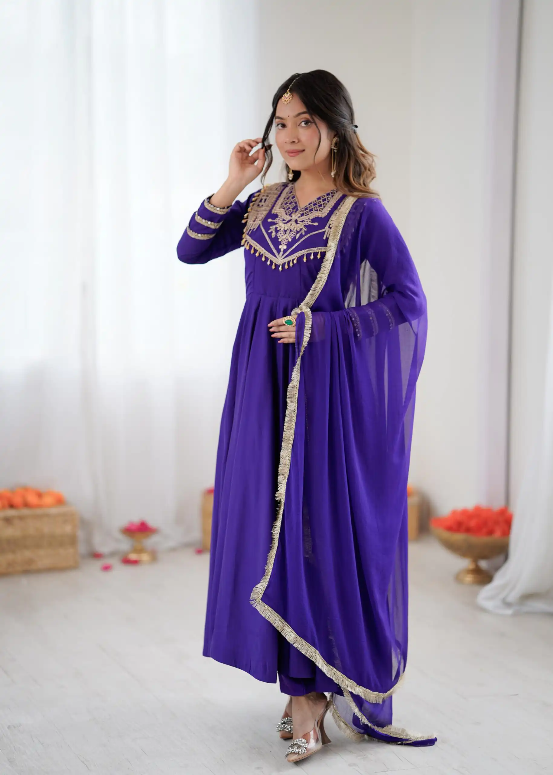ZSR 3149 Purple Roman silk Gown Perfect for Wedding, Party, Sangeet, Haldi, Lohri – . Introductory Price ₹2099. Delivery 4-6 Working Days. Shop now. | Gowns, Bollywood Gowns, Creative Gowns, Designer Gowns, Embroidered Gowns, Party Wear Gowns