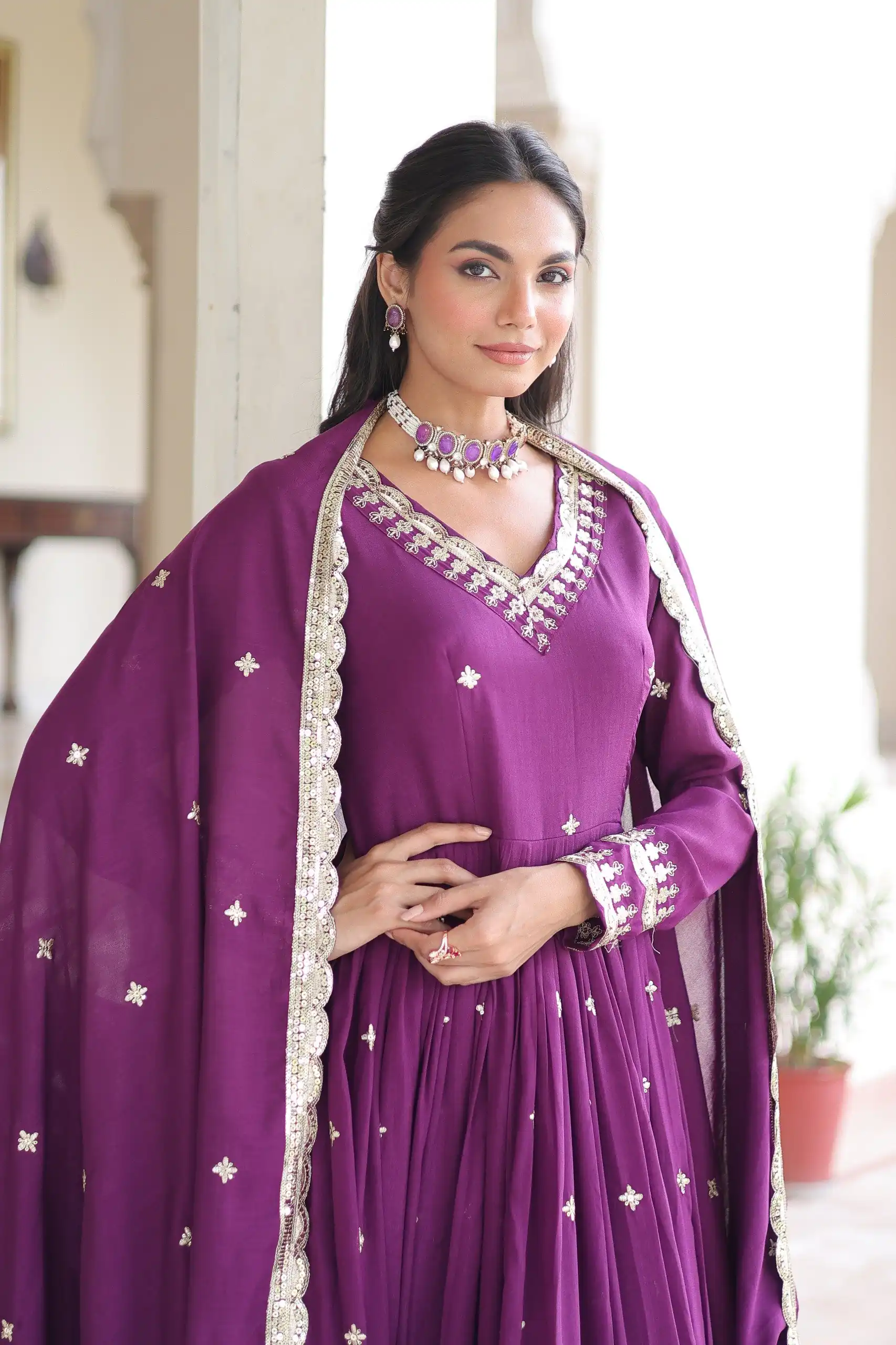 KA 1214 Purple Vichitra Silk Gown Perfect for Wedding, Party, Lohri, Onam, Festival Celebrations – . Grab it for ₹2449. Delivery 4-6 Working Days. | Gowns, Bollywood Gowns, Creative Gowns, Designer Gowns, Embroidered Gowns, Party Wear Gowns