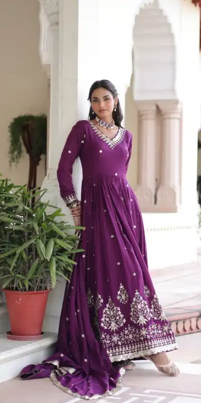 KA 1214 Purple Vichitra Silk Gown Perfect for Wedding, Party, Lohri, Onam, Festival Celebrations – . Grab it for ₹2449. Delivery 4-6 Working Days. | Gowns, Bollywood Gowns, Creative Gowns, Designer Gowns, Embroidered Gowns, Party Wear Gowns