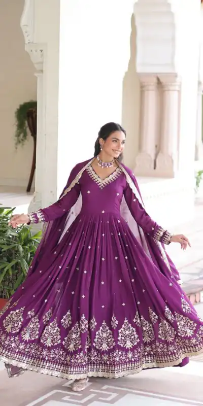KA 1214 Purple Vichitra Silk Gown Perfect for Wedding, Party, Lohri, Onam, Festival Celebrations – . Grab it for ₹2449. Delivery 4-6 Working Days. | Gowns, Bollywood Gowns, Creative Gowns, Designer Gowns, Embroidered Gowns, Party Wear Gowns
